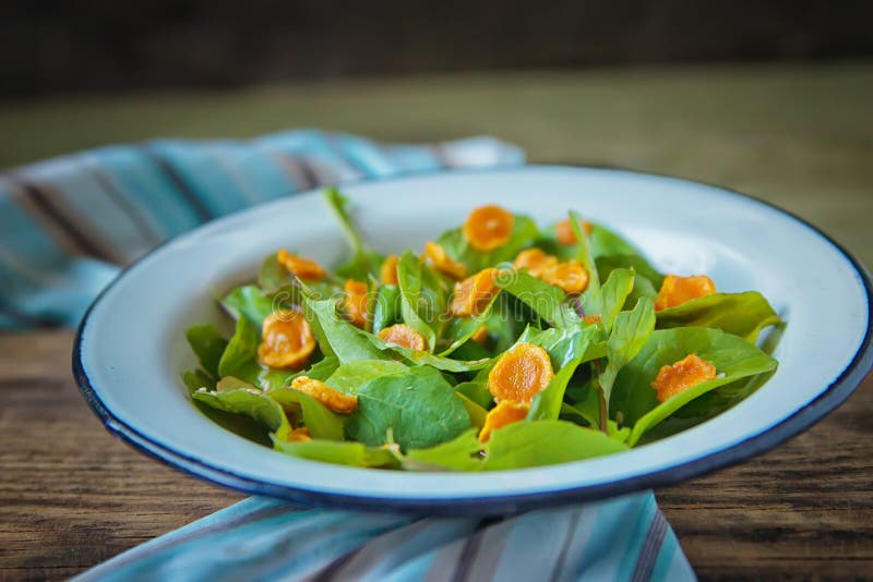 Vegetable salad. Healthy meal with arugula, baked sliced carrot, olive oil in metal plate on a dark wooden background. Healthy diet food. Vegetable salad. Healthy meal with arugula, baked sliced carrot, olive oil in metal plate on a dark wooden background. Healthy diet food