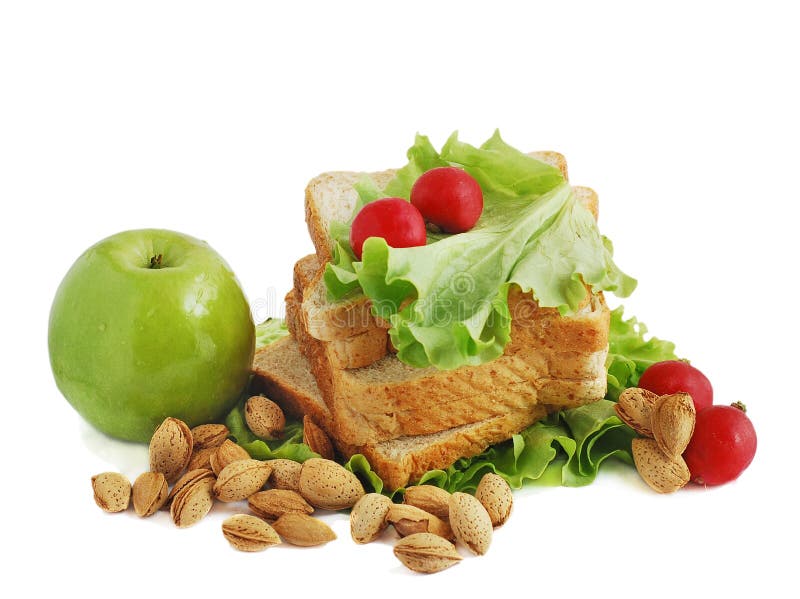 Bread , apple,nuts and salad. Bread , apple,nuts and salad