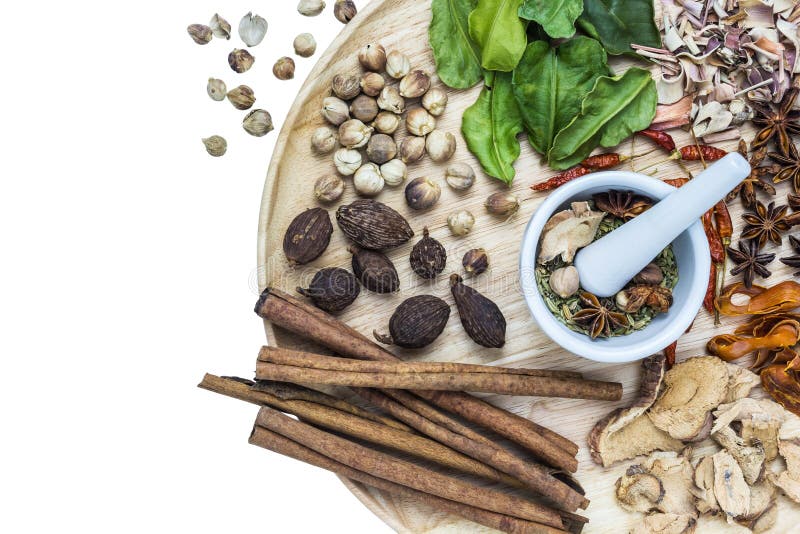 A photo of Herbal medicine in wood dish on white isolate background with space for text. A photo of Herbal medicine in wood dish on white isolate background with space for text