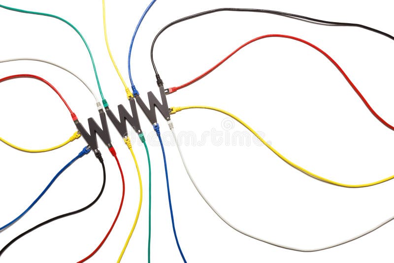 Colorful network cables plugged into WWW letters symbolizing the internet connection and data flow, isolated on white background, top view. Colorful network cables plugged into WWW letters symbolizing the internet connection and data flow, isolated on white background, top view.