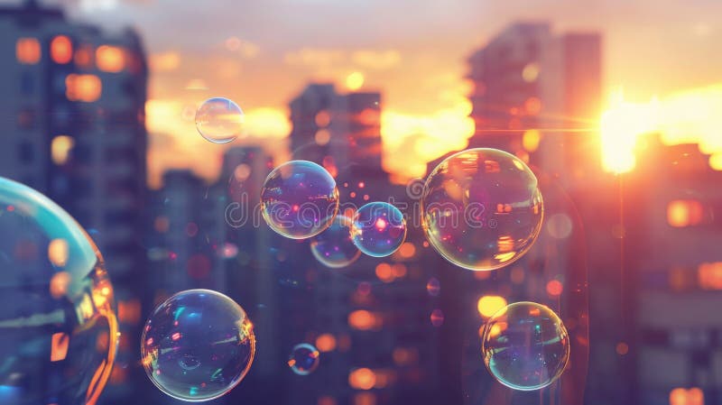 Soap bubbles drift through the air above a bustling city, creating a whimsical scene against the urban landscape. AI generated. Soap bubbles drift through the air above a bustling city, creating a whimsical scene against the urban landscape. AI generated