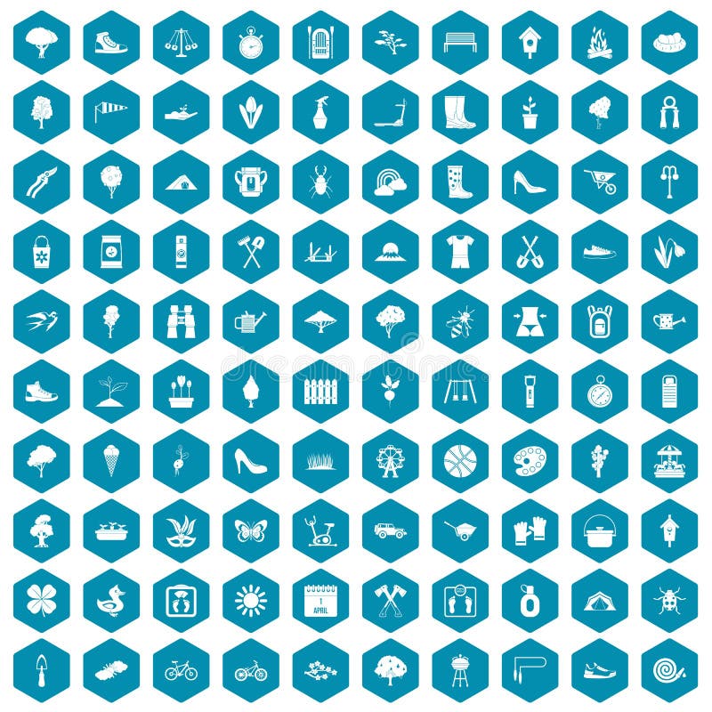 100 spring icons set in sapphirine hexagon isolated vector illustration. 100 spring icons set in sapphirine hexagon isolated vector illustration