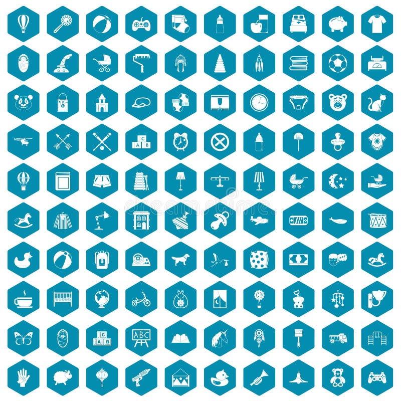 100 nursery icons set in sapphirine hexagon isolated vector illustration. 100 nursery icons set in sapphirine hexagon isolated vector illustration