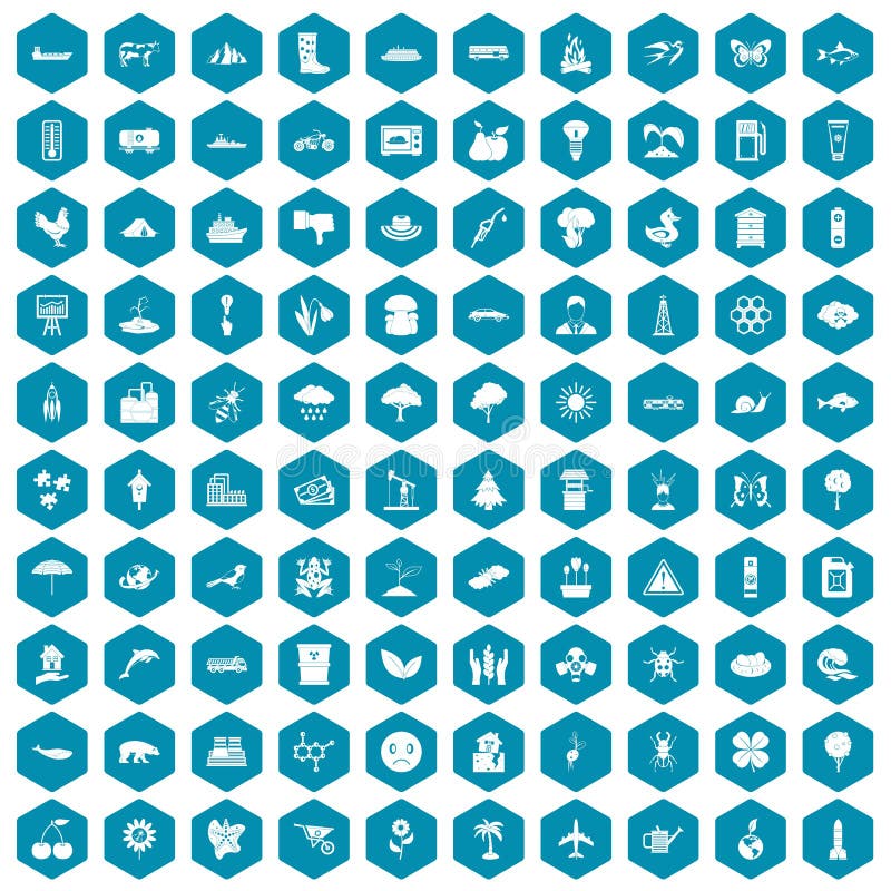 100 global warming icons set in sapphirine hexagon isolated vector illustration. 100 global warming icons set in sapphirine hexagon isolated vector illustration