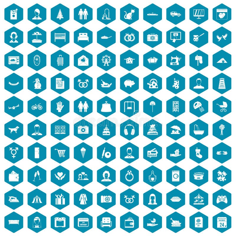 100 family icons set in sapphirine hexagon isolated vector illustration. 100 family icons set in sapphirine hexagon isolated vector illustration