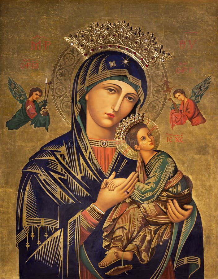 ZARAGOZA, SPAIN - MARCH 1, 2018: The painting icon of Madonna in church Iglesia del Perpetuo Socorro by pater Jesus Faus 1953 - 1959. ZARAGOZA, SPAIN - MARCH 1, 2018: The painting icon of Madonna in church Iglesia del Perpetuo Socorro by pater Jesus Faus 1953 - 1959.