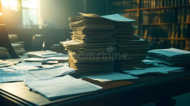 Σε ένα κτίριο βιβλιοθήκης, ένα γραφείο εργαζομένων στο γραφείο είναι θαμμένο κάτω από ένα μεγάλο σωρό χαρτιά με ένα πλήθος επειγόν στοκ εικόνες