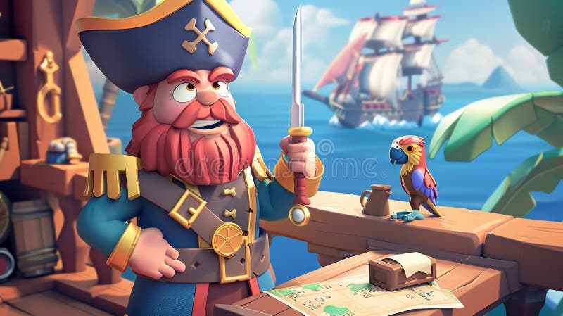 In a ship&#x27;s cabin, a peg-legged pirate with a parrot stands with a golden watch in hand, pets on shoulders, a sword around his waist, and treasure maps on a table.. AI generated. In a ship&#x27;s cabin, a peg-legged pirate with a parrot stands with a golden watch in hand, pets on shoulders, a sword around his waist, and treasure maps on a table.. AI generated