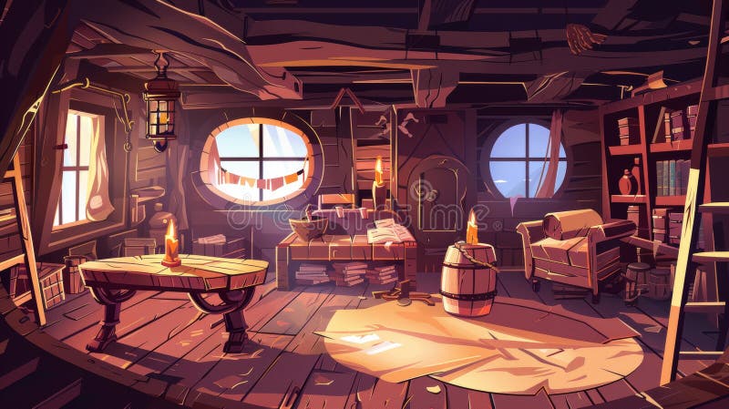 In this cartoon modern illustration of female sailor and corsair, a young pirate female stands in wooden cabin of ship with porthole, sofa, table, barrel and bottle at night, in candle light.. AI generated. In this cartoon modern illustration of female sailor and corsair, a young pirate female stands in wooden cabin of ship with porthole, sofa, table, barrel and bottle at night, in candle light.. AI generated