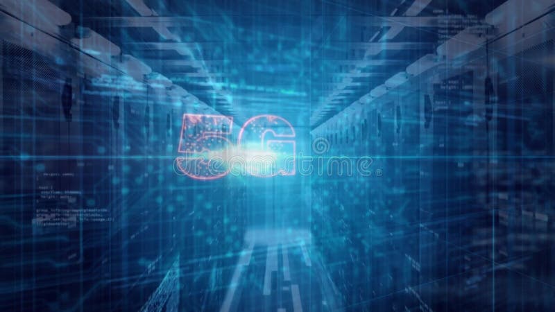 Σε τεχνολογία ψηφιακού κέντρου δεδομένων 5G, η κινούμενη εικόνα λάμπει με μελλοντολογικό εφέ ελεύθερη απεικόνιση δικαιώματος