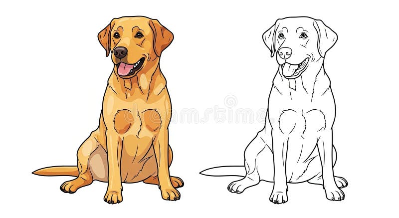 Σελίδα χρωματισμού ανάκτησης Labrador με ρεαλιστικό πλήρες χρώμα και διασκέδαση με καθαρό περίγραμμα διανυσματική απεικόνιση