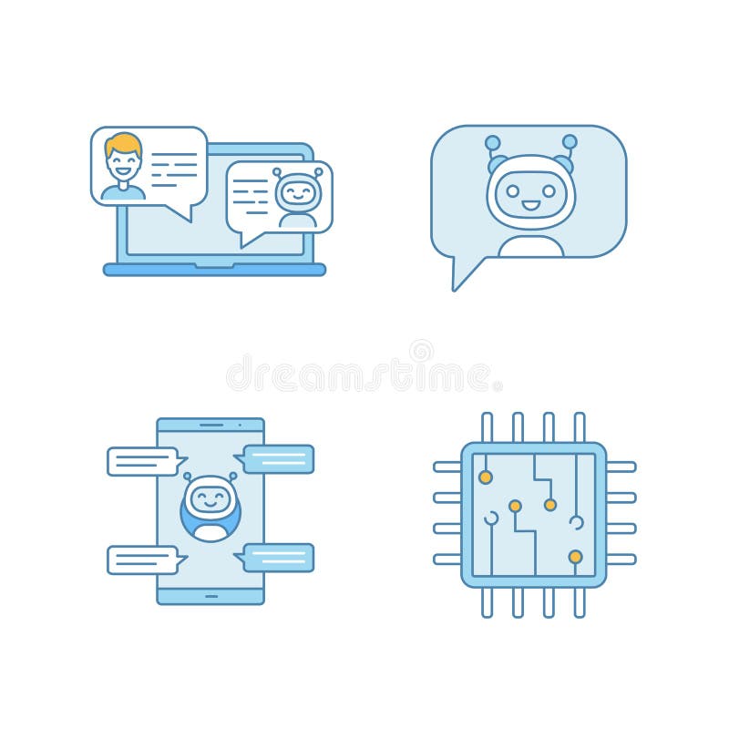 Σετ έγχρωμων εικονιδίων chatbots διανυσματική απεικόνιση