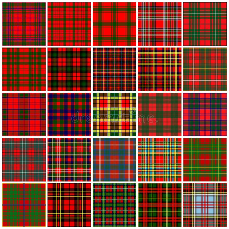 Set of 25 tartans, mostly red and green.. Tartan imitation for prints on fabric and clothing, interior decoration. Set of 25 tartans, mostly red and green.. Tartan imitation for prints on fabric and clothing, interior decoration