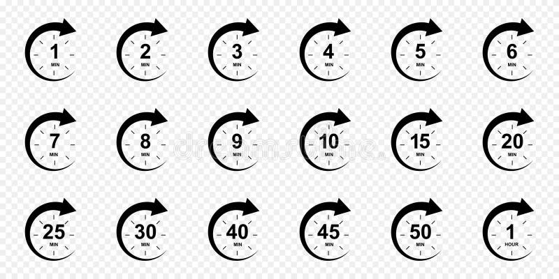 Set of minutes icons with circle arrows. Stopwatch symbols. Min and 1 hour sport or cooking timer signs. Vector graphic illustration. Set of minutes icons with circle arrows. Stopwatch symbols. Min and 1 hour sport or cooking timer signs. Vector graphic illustration