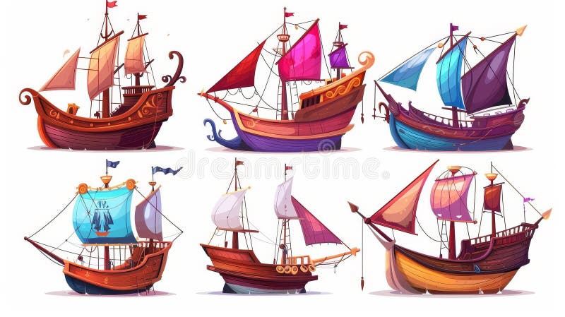 Set of old wooden sailboats with black, white, and red sails. Isolated rowboats with black, white, and red sails. Modern cartoon set of old wooden ships with masts and sails.. AI generated. Set of old wooden sailboats with black, white, and red sails. Isolated rowboats with black, white, and red sails. Modern cartoon set of old wooden ships with masts and sails.. AI generated