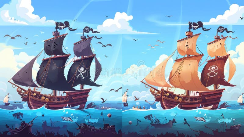 Cartoon set of wooden ships with folded sails, and black flags after a shipwreck or attack. Sea battle between sailboats with cannon fire.. AI generated. Cartoon set of wooden ships with folded sails, and black flags after a shipwreck or attack. Sea battle between sailboats with cannon fire.. AI generated