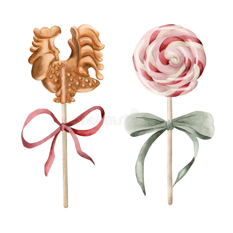 Set of 2 Christmas candy lollipops on sticks with ribbon bows. Watercolor illustration isolated on white background for winter christmas holidays design. Set of 2 Christmas candy lollipops on sticks with ribbon bows. Watercolor illustration isolated on white background for winter christmas holidays design.