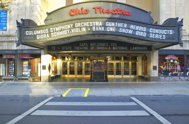 Ohio Theater marquee theater sign advertising Columbus Symphony Orchestra in downtown Columbus, OH. Ohio Theater marquee theater sign advertising Columbus Symphony Orchestra in downtown Columbus, OH