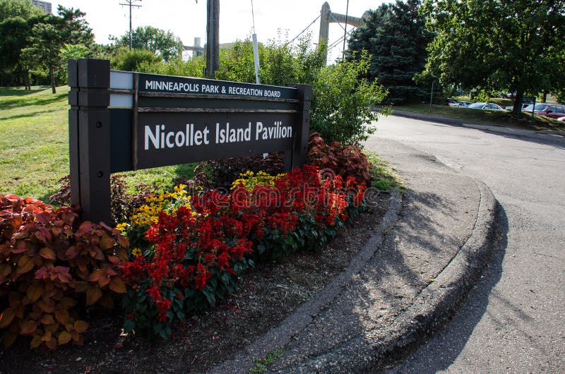 Sign for the Nicollet Island Pavilion, a popular wedding and event venue in downtown Minneapolis, riverside to the Mississippi River. Sign for the Nicollet Island Pavilion, a popular wedding and event venue in downtown Minneapolis, riverside to the Mississippi River