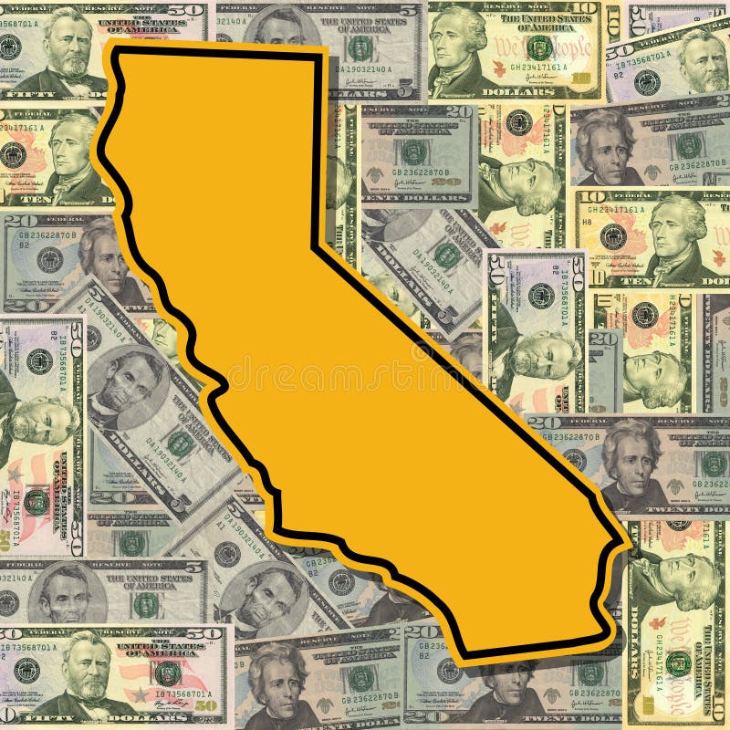 California shaped sign with American dollars illustration. California shaped sign with American dollars illustration