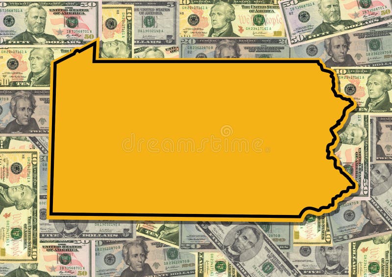 Pennsylvania shaped sign with American dollars illustration. Pennsylvania shaped sign with American dollars illustration
