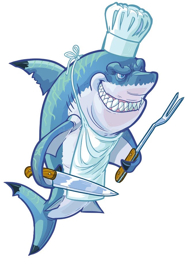 Vector cartoon clip art illustration of a tough mean smiling shark wearing a chef hat, apron, and holding a barbecue fork and butcher knife. Accessories are on a separate layer in the vector file. Vector cartoon clip art illustration of a tough mean smiling shark wearing a chef hat, apron, and holding a barbecue fork and butcher knife. Accessories are on a separate layer in the vector file.