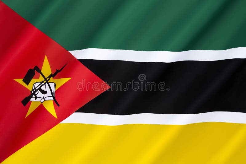 Flag of Mozambique - adopted on 1 May 1983. It includes the image of an AK-47 with a bayonet attached to the barrel and is the only national flag in the world to feature such a modern weapon. Flag of Mozambique - adopted on 1 May 1983. It includes the image of an AK-47 with a bayonet attached to the barrel and is the only national flag in the world to feature such a modern weapon.