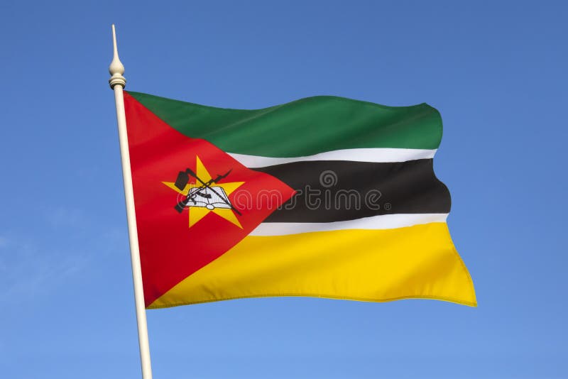 The flag of Mozambique was adopted on 1 May 1983. It includes the image of an AK-47 with a bayonet attached to the barrel and is the only national flag in the world to feature a gun. The flag is based on the flag of the Mozambican Liberation Front, the leading political party. The flag of Mozambique was adopted on 1 May 1983. It includes the image of an AK-47 with a bayonet attached to the barrel and is the only national flag in the world to feature a gun. The flag is based on the flag of the Mozambican Liberation Front, the leading political party.
