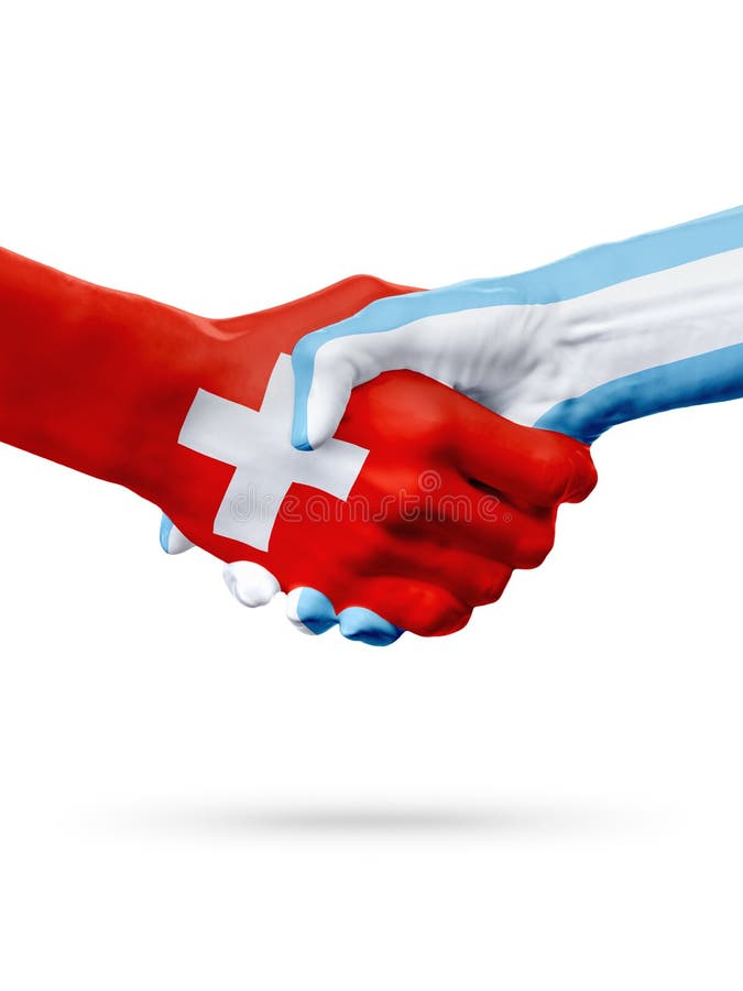 Σημαίες Ελβετία, χώρες της Αργεντινής, έννοια χειραψιών φιλίας συνεργασίας στοκ φωτογραφία
