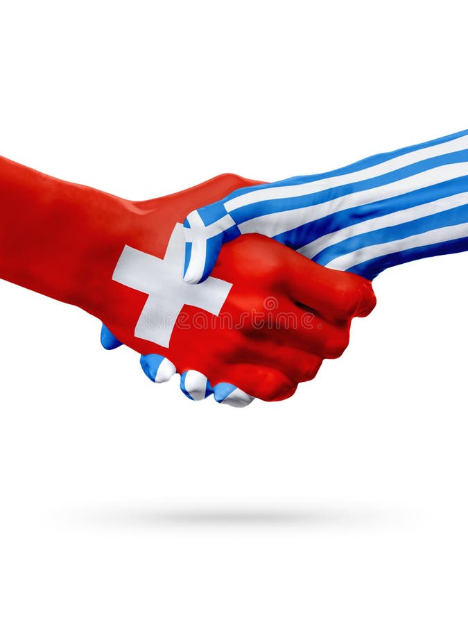 Σημαίες Ελβετία, χώρες της Ελλάδας, έννοια χειραψιών φιλίας συνεργασίας στοκ φωτογραφίες