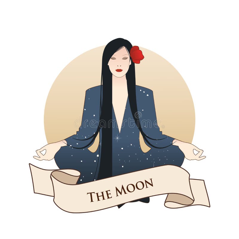 Σημαντική κάρτα Tarot εμβλημάτων Arcana Το φεγγάρι Όμορφο κοριτσιών στη θέση λωτού και πανσέληνος στο υπόβαθρο Constellati απεικόνιση αποθεμάτων Σημαντική κάρτα Tarot εμβλημάτων Arcana Το φεγγάρι Όμορφο κοριτσιών στη θέση λωτού και πανσέληνος στο υπόβαθρο Constellati απεικόνιση αποθεμάτων