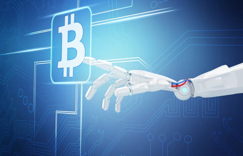 Σημείο χεριών ρομπότ στο ψηφιακό εικονίδιο cryptocurrency τρισδιάστατη απόδοση διανυσματική απεικόνιση