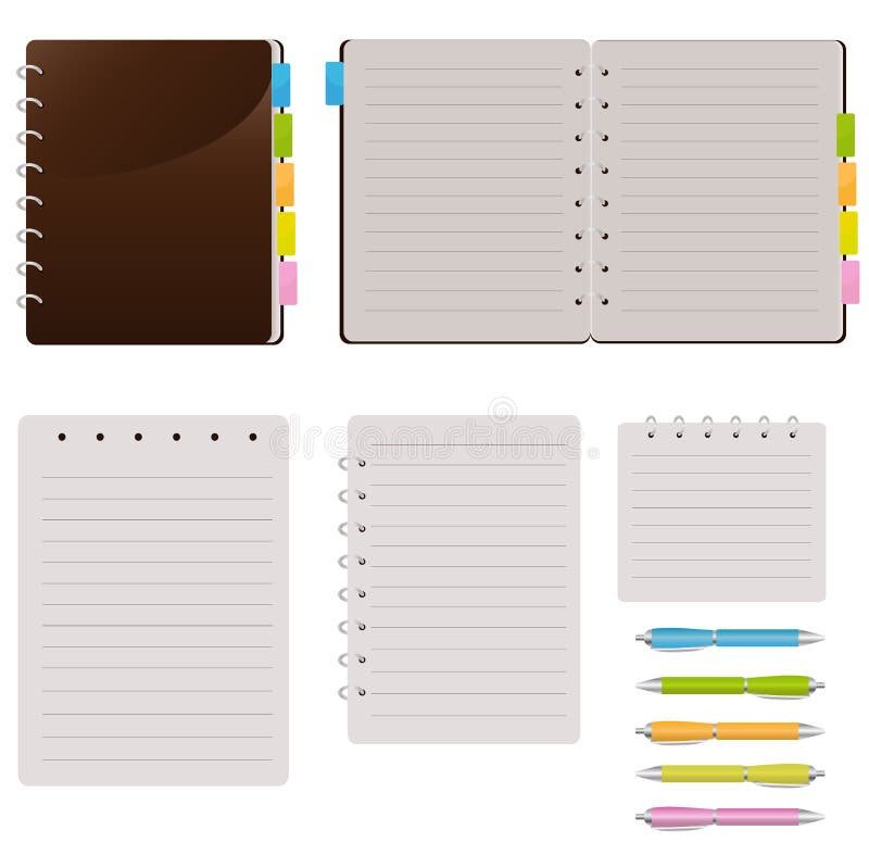 Set Of Spiral Notebooks With Colored Tabs And Lined Pages, With Colorful Pens. Set Of Spiral Notebooks With Colored Tabs And Lined Pages, With Colorful Pens