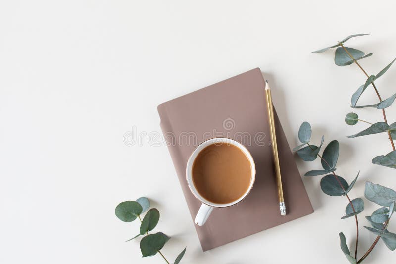 σημειωματάριο με κλαδιά δέντρου eucalyptus και φλιτζάνι φόντο λευκού τραπεζιού καφέ. σύνθεση πρωινού. επίπεδη στοκ φωτογραφίες