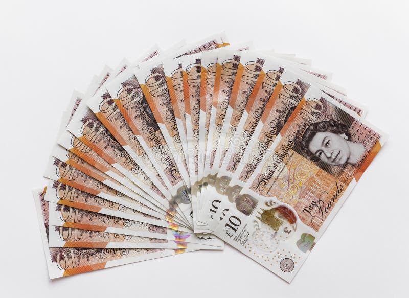 UK,06th March 2020, fan of ten pound notes on a white background. UK,06th March 2020, fan of ten pound notes on a white background.