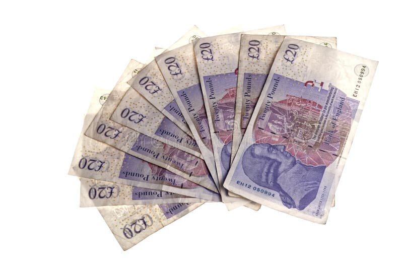 British twenty pound notes in fan or resembling hand of cards. The notes feature the image of Adam Smith. British twenty pound notes in fan or resembling hand of cards. The notes feature the image of Adam Smith.