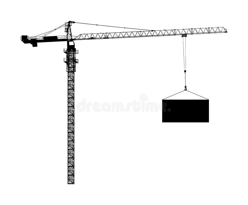 Scale tower crane vector silhouette isolated on white. Building machine on construction site. Tower construction crane with container on cable hook. Telescope elevator. Heavy industry equipment cargo shipping. Scale tower crane vector silhouette isolated on white. Building machine on construction site. Tower construction crane with container on cable hook. Telescope elevator. Heavy industry equipment cargo shipping