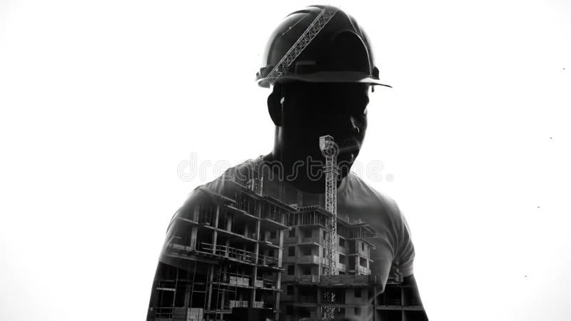 Σιλουέτα κατασκευαστών με διπλή έκθεση στο κτίριο σε ασπρόμαυρη αντίθεση απόθεμα βίντεο