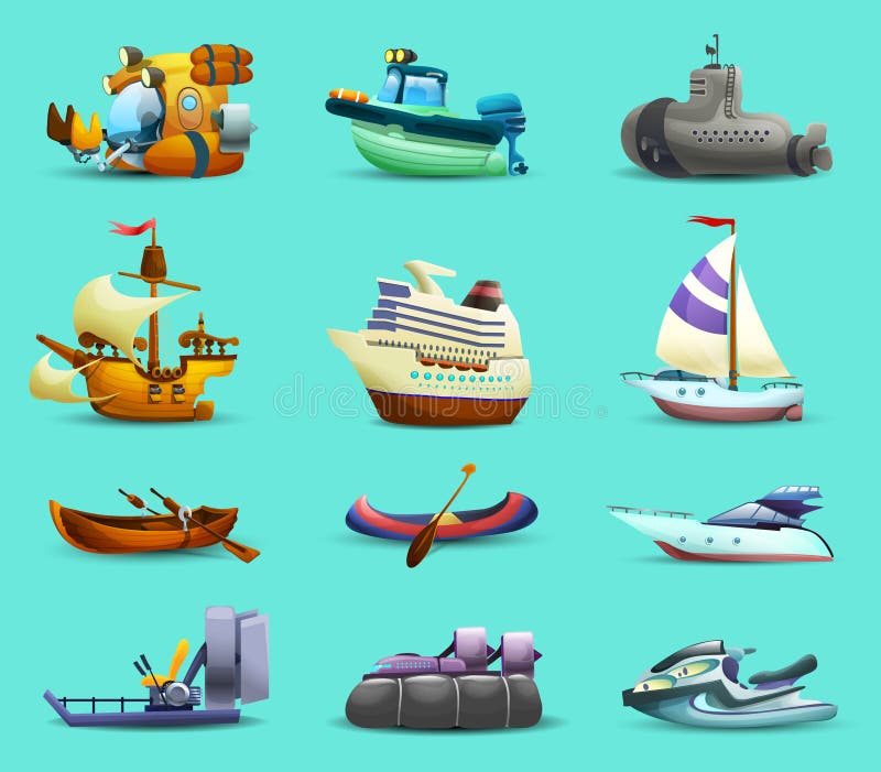 Ships and boats realistic icons set with motorboat submarine and yacht on blue background vector illustration. Ships and boats realistic icons set with motorboat submarine and yacht on blue background vector illustration