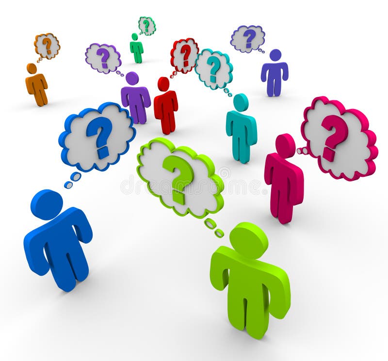 Many colorful people stand in a crowd thinking of questions. Many colorful people stand in a crowd thinking of questions
