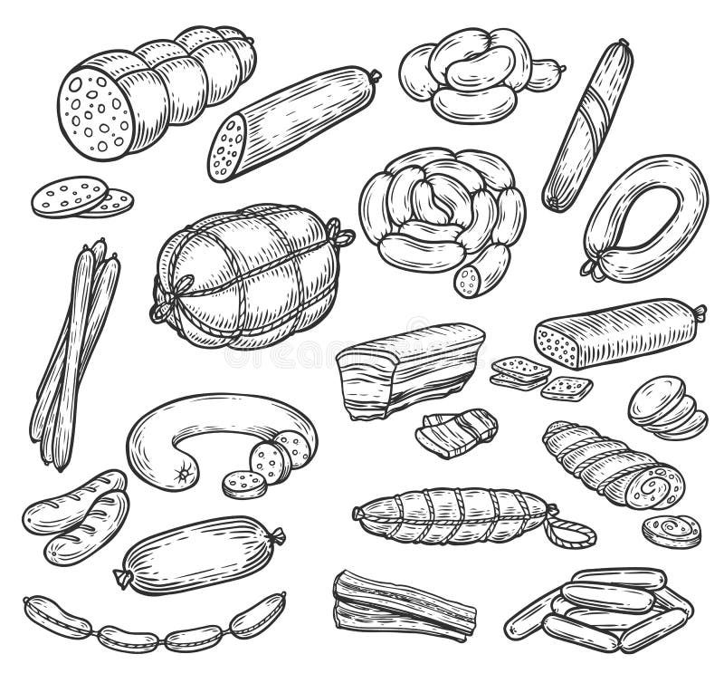 Set of isolated meat product sketches. Meatloaf and roulade steak, pork or swine sausage, sliced wurst or kielbasa, bacon. Butcher shop or meat market, restaurant and meal, nutrition theme. Set of isolated meat product sketches. Meatloaf and roulade steak, pork or swine sausage, sliced wurst or kielbasa, bacon. Butcher shop or meat market, restaurant and meal, nutrition theme