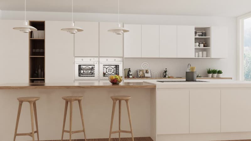 Σκανδιναβική άσπρη κουζίνα, εσωτερικός περίπατος κατευθείαν, σταθερό έκκεντρο, minimalistic σχέδιο