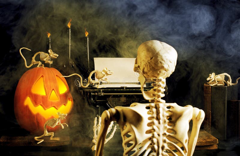 A skeleton sitting at old typewriter ready to type message while skeleton mice and glowing Jack-O-Lantern sit nearby. Flaming black candles and mist in background. A skeleton sitting at old typewriter ready to type message while skeleton mice and glowing Jack-O-Lantern sit nearby. Flaming black candles and mist in background.