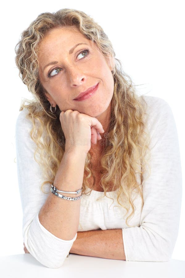 Thinking smiling woman. Isolated over white background. Thinking smiling woman. Isolated over white background