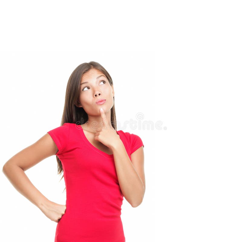 Thinking woman pondering over something, Casual young beautiful Caucasian / Asian woman in red t-shirt isolated on white background. Thinking woman pondering over something, Casual young beautiful Caucasian / Asian woman in red t-shirt isolated on white background