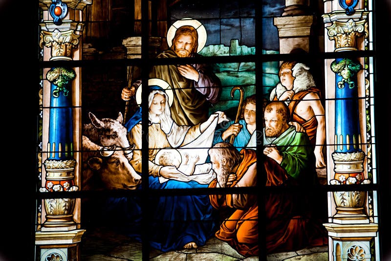 Σκηνή Nativity. Λεκιασμένο παράθυρο γυαλιού