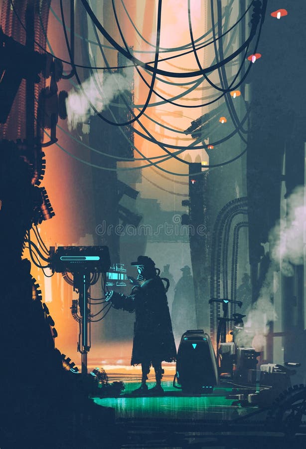 Σκηνή sci-Fi του ρομπότ που χρησιμοποιεί το φουτουριστικό υπολογιστή στην οδό πόλεων απεικόνιση αποθεμάτων Σκηνή sci-Fi του ρομπότ που χρησιμοποιεί το φουτουριστικό υπολογιστή στην οδό πόλεων απεικόνιση αποθεμάτων