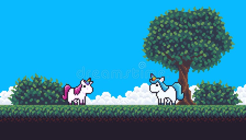 Pixel art scene with treem clouds, bushes, grass and unicorns. Pixel art scene with treem clouds, bushes, grass and unicorns