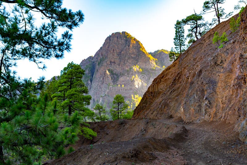 σκηνική θέα στην caldera de taburiente ε πράσινα ρινοδάση και βραχώδη όρη κοντά στο οριτικό κουμπρεσίτα λα πάλμα στοκ φωτογραφίες