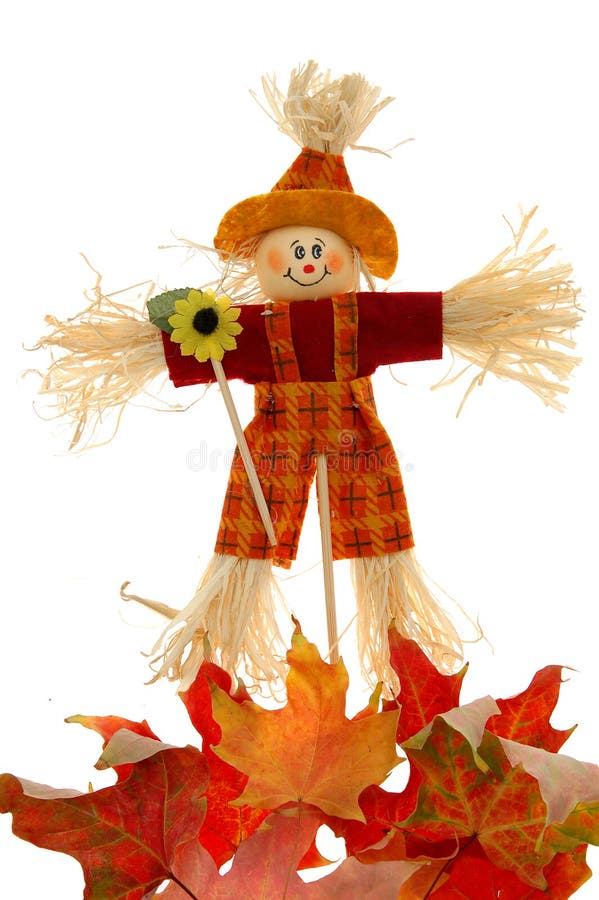 scarecrow and maple leaves on white background. scarecrow and maple leaves on white background
